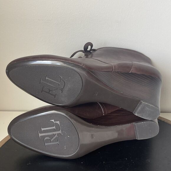 Ralph Lauren Booties Wedge Heel Women's Size 10 B Brown Tamia Leather Lace Up - Picture 10 of 13